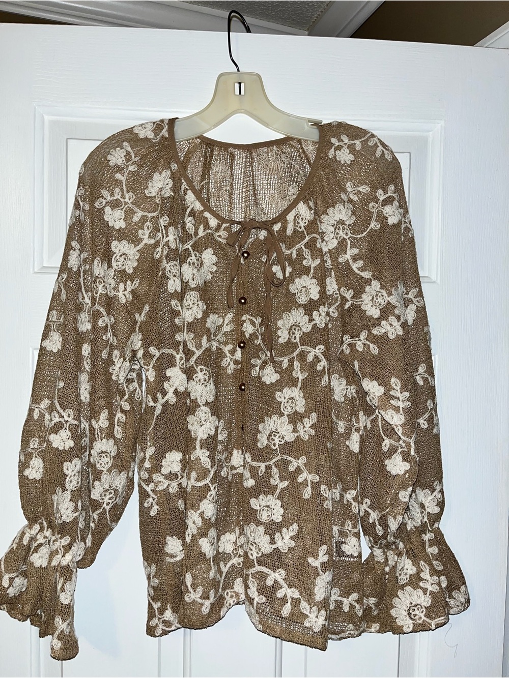 SHEIN Brown Blouse with Cream Floral Embroidery